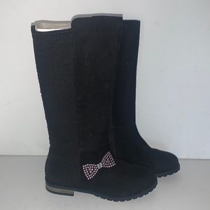 Tall suede stretch boots with rhinestone bow